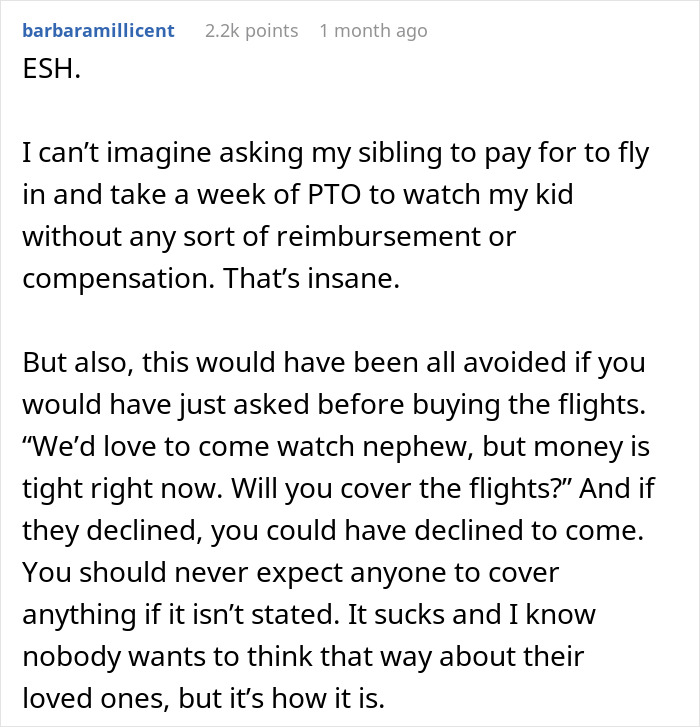 Couple flies out to babysit nephew for a week while sister refuses to pay for flights, citing financial struggles. Couple flies out to babysit nephew for a week while sister refuses to pay for flights, citing financial struggles.