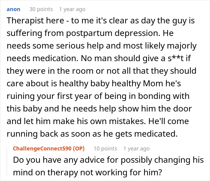 Commenter explains man struggles to bond with daughter born by cesarean, likely needing mental health support and medication. Commenter explains man struggles to bond with daughter born by cesarean, likely needing mental health support and medication.
