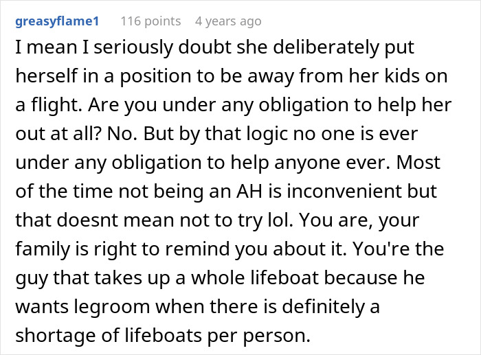 Text from Reddit comment discussing airplane seat switch and ignoring children during flight conflict. Text from Reddit comment discussing airplane seat switch and ignoring children during flight conflict.