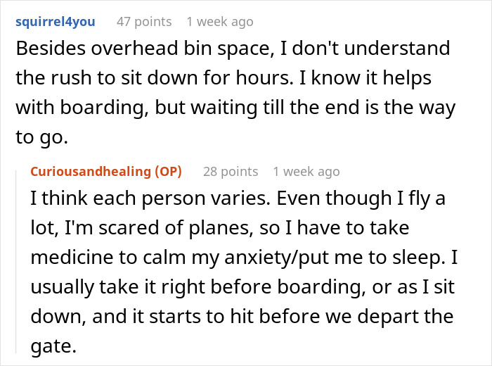 Online discussion about plane passengers rushing to sit down early versus waiting, highlighting anxiety and boarding preferences. Online discussion about plane passengers rushing to sit down early versus waiting, highlighting anxiety and boarding preferences.
