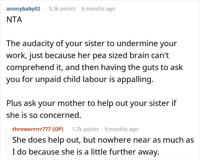 Reddit conversation about a brother quitting babysitting after sister says his job isn’t real work. Reddit conversation about a brother quitting babysitting after sister says his job isn’t real work.