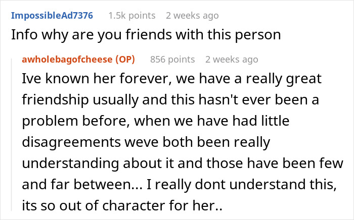 Screenshot of a Reddit conversation about a maid of honor refusing to hide psoriasis, leading to a wedding ban without body makeup. Screenshot of a Reddit conversation about a maid of honor refusing to hide psoriasis, leading to a wedding ban without body makeup.