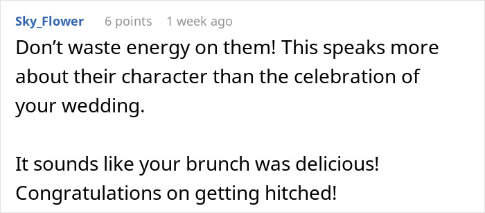 Comment on bride spends months planning elegant wedding, rude aunt disrupts with fast-food wrappers and grease shown in online discussion. Comment on bride spends months planning elegant wedding, rude aunt disrupts with fast-food wrappers and grease shown in online discussion.