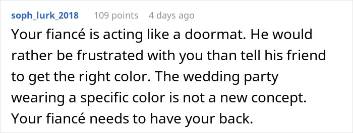 Comment discussing frustration over wedding party outfit colors and the bride’s stereotypical American expectations. Comment discussing frustration over wedding party outfit colors and the bride’s stereotypical American expectations.