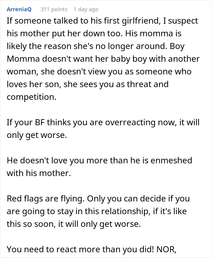 Comment discussing woman being called a downgrade by boyfriend’s mom and comparison to his classy ex causing shock.