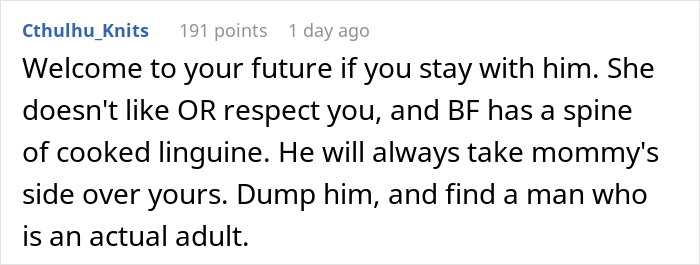 Comment warning woman about being called a downgrade by boyfriend’s mom and compared to his classy ex, advising to move on.