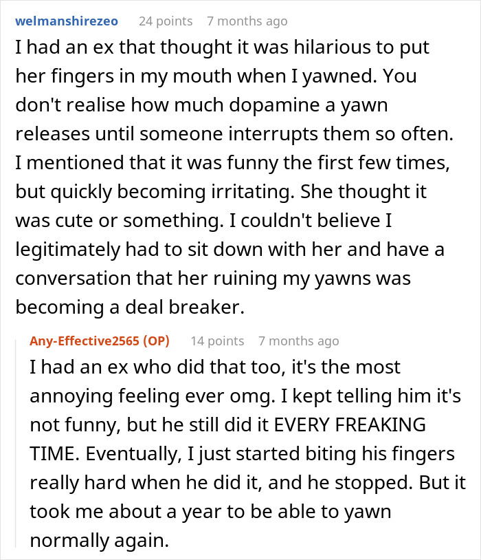 Comments discussing a man saying he hates yawning and the fiancée’s irritation leading her to storm out of the bedroom. Comments discussing a man saying he hates yawning and the fiancée’s irritation leading her to storm out of the bedroom.