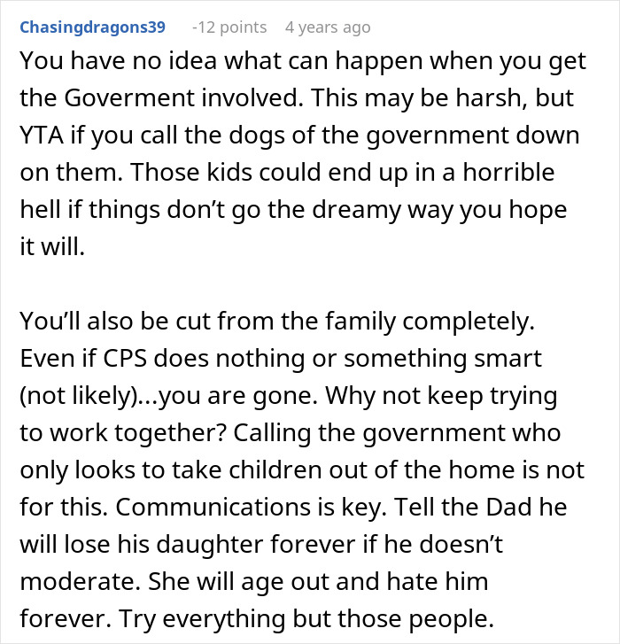 Comment discussing risks of involving CPS and the impact on family when debating niece’s home life situation. Comment discussing risks of involving CPS and the impact on family when debating niece’s home life situation.