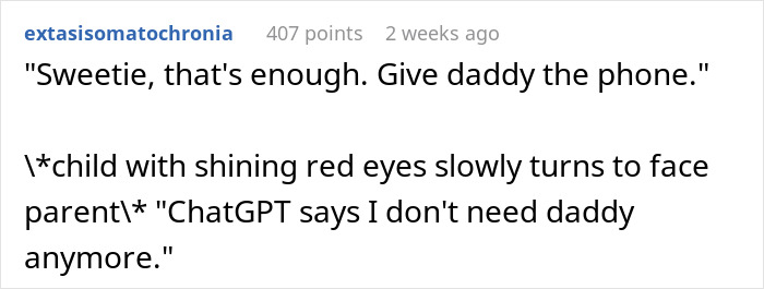 Text post showing a parent tired of listening to 4-year-old, letting kid talk to ChatGPT on iPad for hours.