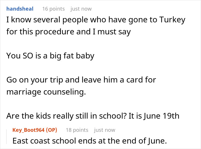 Reddit comments discussing a husband demanding wife cancel plans over her hair transplant surgery and marriage issues. Reddit comments discussing a husband demanding wife cancel plans over her hair transplant surgery and marriage issues.
