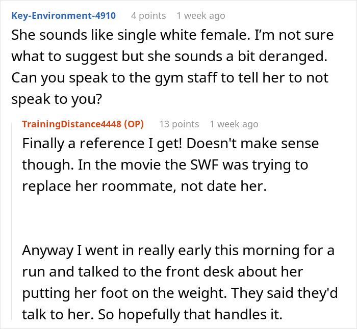 Man avoiding gym stalker who hurls weights after rejecting her come-ons during workout session. Man avoiding gym stalker who hurls weights after rejecting her come-ons during workout session.