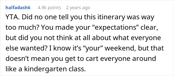 Comment criticizes bride’s strict bachelorette rules causing friends to rebel and turn celebration into lonely cry-fest. Comment criticizes bride’s strict bachelorette rules causing friends to rebel and turn celebration into lonely cry-fest.