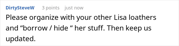 Comment highlighting frustration about a lady famous for not returning stuff, with a coworker remaining unbothered. Comment highlighting frustration about a lady famous for not returning stuff, with a coworker remaining unbothered.