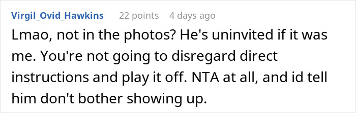 Comment on a wedding outfit dispute where the bride wants to exclude best man from photos due to his stereotypical American attire. Comment on a wedding outfit dispute where the bride wants to exclude best man from photos due to his stereotypical American attire.