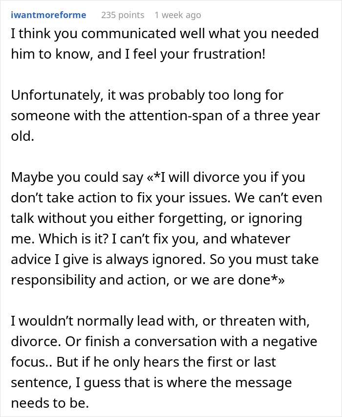 Reddit comment discussing frustration in marriage and how wife feels grossed out by husband, seeking advice to fix issues. Reddit comment discussing frustration in marriage and how wife feels grossed out by husband, seeking advice to fix issues.