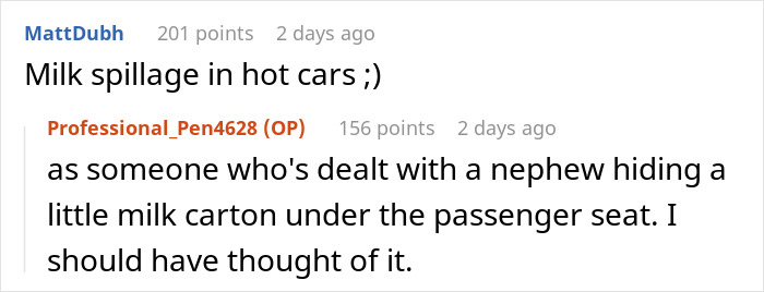 Screenshot of a Reddit conversation about milk spillage inside hot cars, shared in an online forum discussion. Screenshot of a Reddit conversation about milk spillage inside hot cars, shared in an online forum discussion.