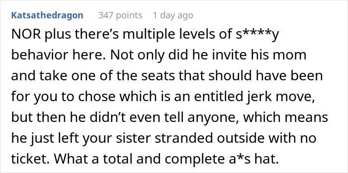 Text comment about woman’s graduation day ruined after hubby gives SIL’s seat to his mom without a word, expressing frustration. Text comment about woman’s graduation day ruined after hubby gives SIL’s seat to his mom without a word, expressing frustration.