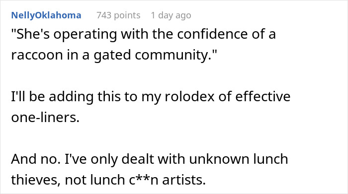 Screenshot of a comment discussing lunch thieves and workers adding labels to protect their food from theft.