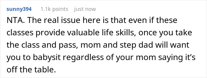 Screenshot of a Reddit comment discussing fears of being set up to babysit autistic stepbro and refusing related classes.