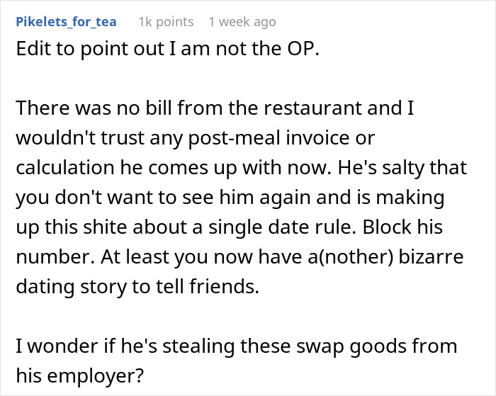 Comment explaining no bill was given and man demands payment after first date, reflecting no spark and meal dispute.