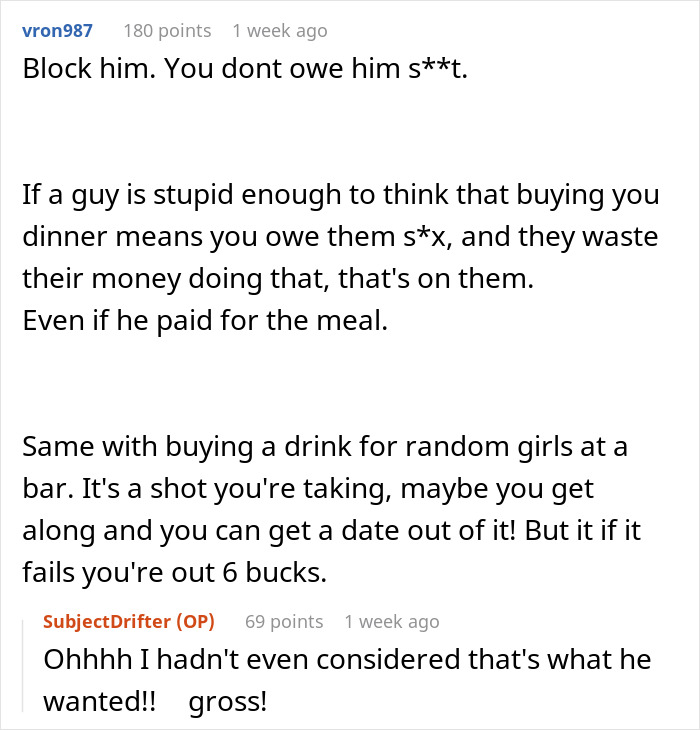 Screenshot of a Reddit conversation discussing a woman telling a guy there’s no spark after a free meal date.