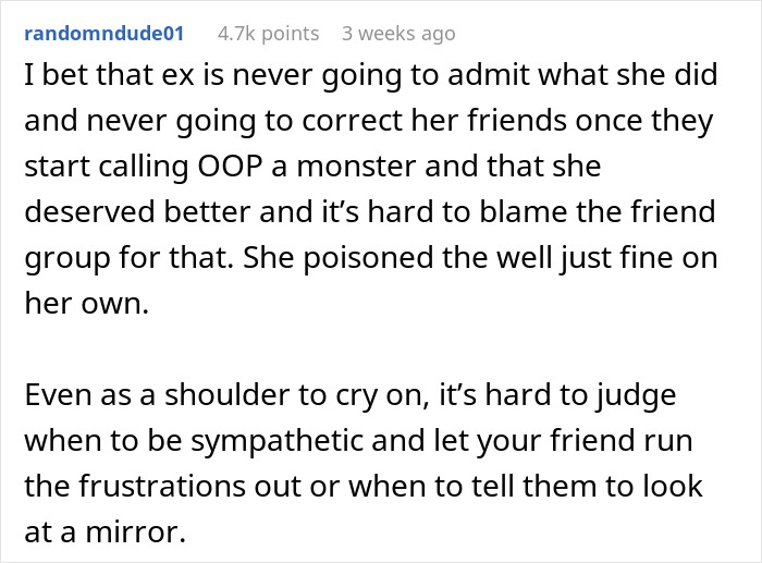 Comment discussing a man dumping girlfriend after learning her squad secretly hates him, with her lying and letting it happen. Comment discussing a man dumping girlfriend after learning her squad secretly hates him, with her lying and letting it happen.