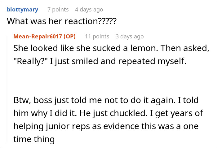 Screenshot of a Reddit conversation showing petty revenge reaction and a boss’s humorous response at work. Screenshot of a Reddit conversation showing petty revenge reaction and a boss’s humorous response at work.