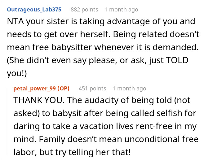 Screenshot of a Reddit conversation discussing a mom expecting endless babysitting from her sister and shaming her for taking a trip. Screenshot of a Reddit conversation discussing a mom expecting endless babysitting from her sister and shaming her for taking a trip.
