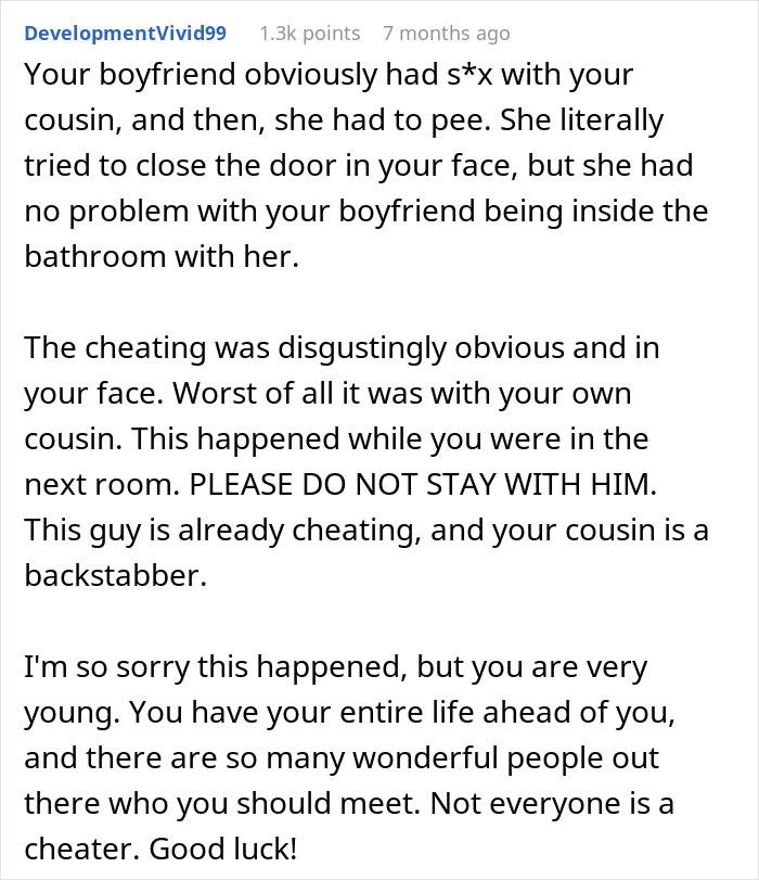 Comment discussing cheating incident caught in bathroom during party involving fiancé and cousin, with claims of innocence. Comment discussing cheating incident caught in bathroom during party involving fiancé and cousin, with claims of innocence.