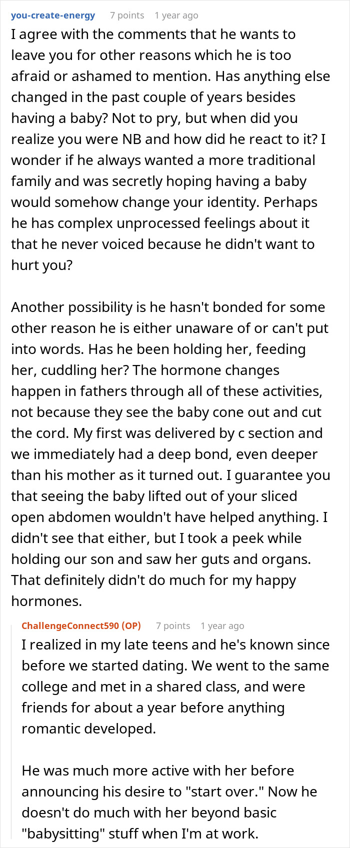 Comment discussing a man’s struggle to bond with his cesarean baby daughter and his demand for divorce. Comment discussing a man’s struggle to bond with his cesarean baby daughter and his demand for divorce.