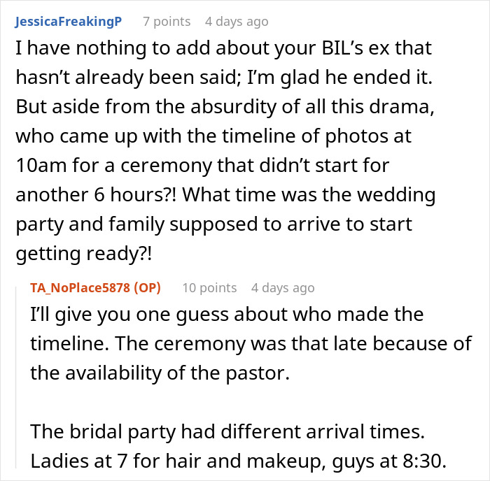 Screenshot of a Reddit conversation discussing wedding timeline issues involving the mother of ring bearer and bride conflict. Screenshot of a Reddit conversation discussing wedding timeline issues involving the mother of ring bearer and bride conflict.