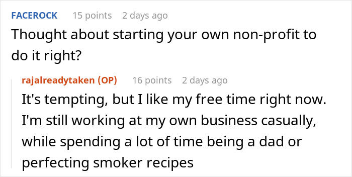 ALT text: Online discussion about non-profit employee hours and accusations with comments on work-life balance and hobbies ALT text: Online discussion about non-profit employee hours and accusations with comments on work-life balance and hobbies