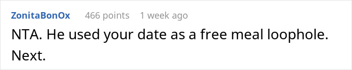 Screenshot of a social media comment discussing a woman telling a guy there's no spark after first date and meal payment conflict.