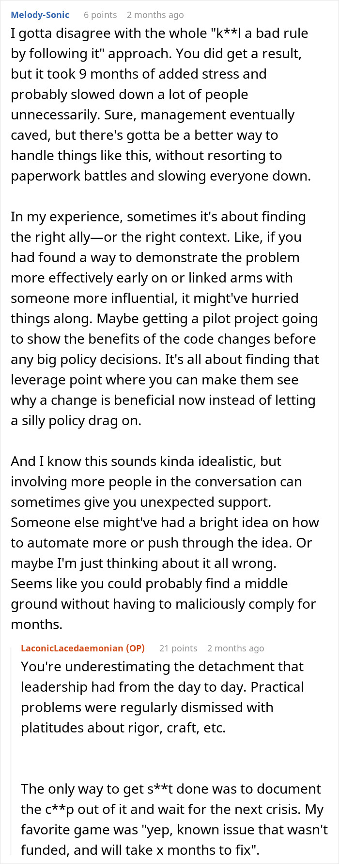 Screenshot of a discussion about an employee following an unworkable deployment rule and management rethinking policy. Screenshot of a discussion about an employee following an unworkable deployment rule and management rethinking policy.