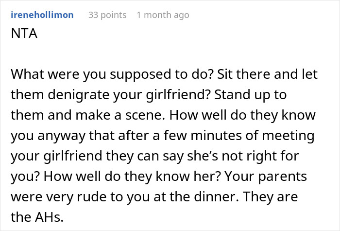 Text comment discussing parents being rude to woman’s girlfriend during a dinner with a significant age difference in relationship. Text comment discussing parents being rude to woman’s girlfriend during a dinner with a significant age difference in relationship.