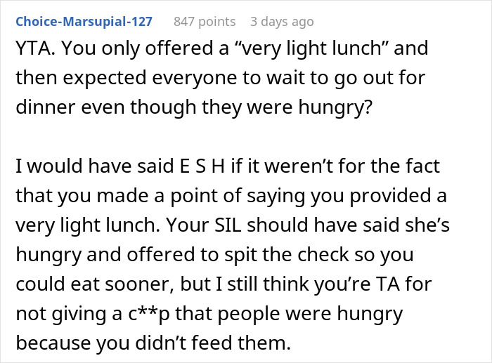 Alt text: Man tries to save $100 on dinner with coupon but gets accused of being cheap by sister-in-law in family conflict.