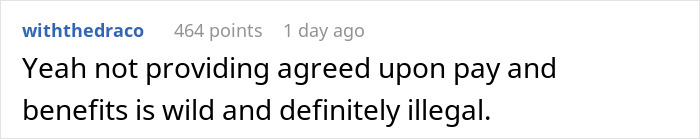 Comment highlighting that not providing agreed pay and benefits is illegal, related to underpaid and fired family issues. Comment highlighting that not providing agreed pay and benefits is illegal, related to underpaid and fired family issues.