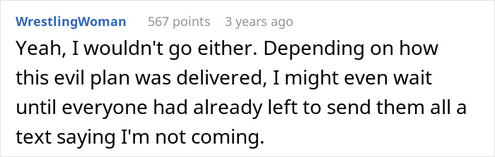 Comment from WrestlingWoman sharing thoughts on family holiday invitation and babysitting expectations. Comment from WrestlingWoman sharing thoughts on family holiday invitation and babysitting expectations.