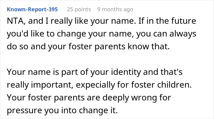 Comment about foster name change parents emphasizing the importance of identity and rejecting pressure to change it.