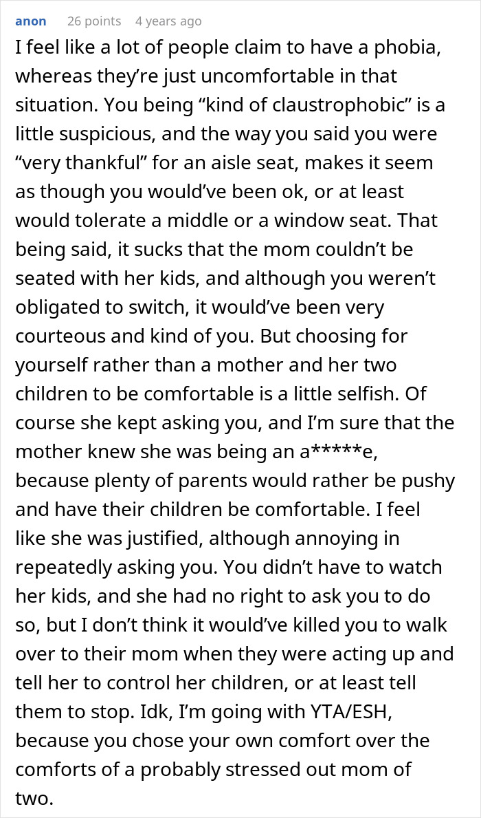 Comment discussing a person not switching seats on an airplane and ignoring a mother’s children during the flight. Comment discussing a person not switching seats on an airplane and ignoring a mother’s children during the flight.