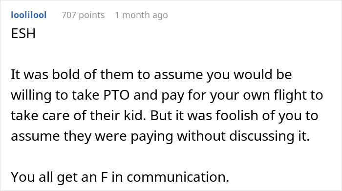 Screenshot of a Reddit comment discussing a couple flying out to babysit nephew while sister refuses to pay for flights. Screenshot of a Reddit comment discussing a couple flying out to babysit nephew while sister refuses to pay for flights.