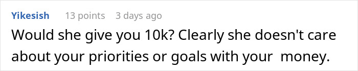 Screenshot of a social media comment discussing drama after bride splurges savings and expects sister to fund wedding. Screenshot of a social media comment discussing drama after bride splurges savings and expects sister to fund wedding.