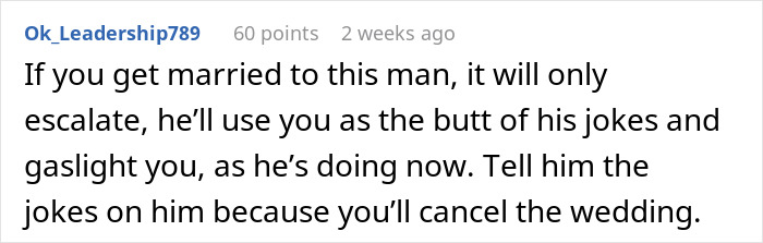 Screenshot of a social media comment describing a groom-to-be making cold feet jokes, causing the bride to doubt the wedding. Screenshot of a social media comment describing a groom-to-be making cold feet jokes, causing the bride to doubt the wedding.