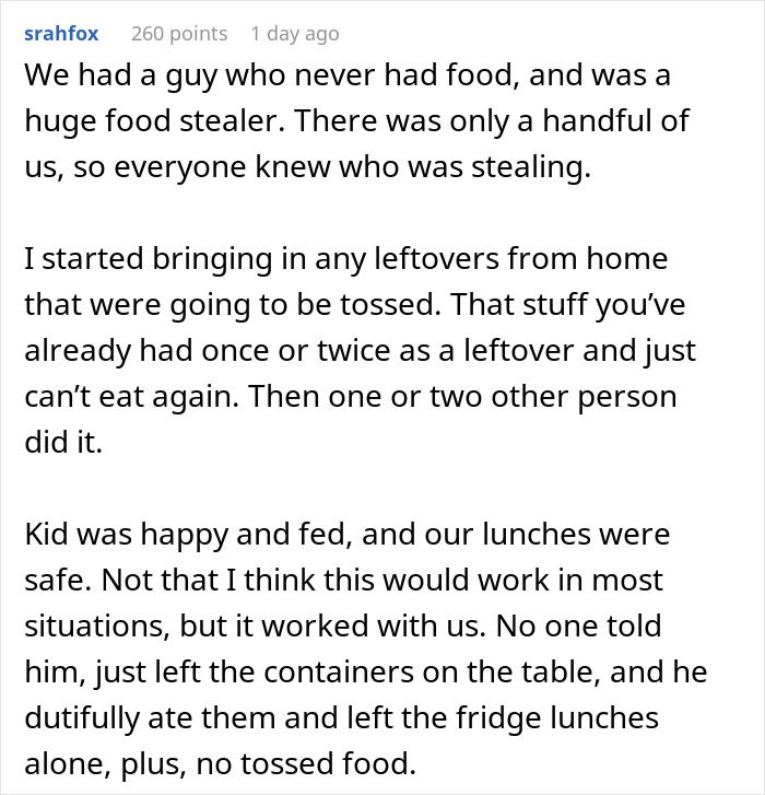 Office fridge with lunch containers labeled by workers to protect their food from a persistent lunch thief.