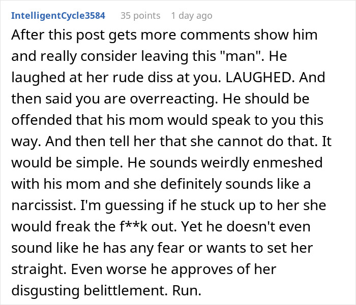 Comment advising a woman to leave her boyfriend after his mom called her a downgrade and compared her to his classy ex.