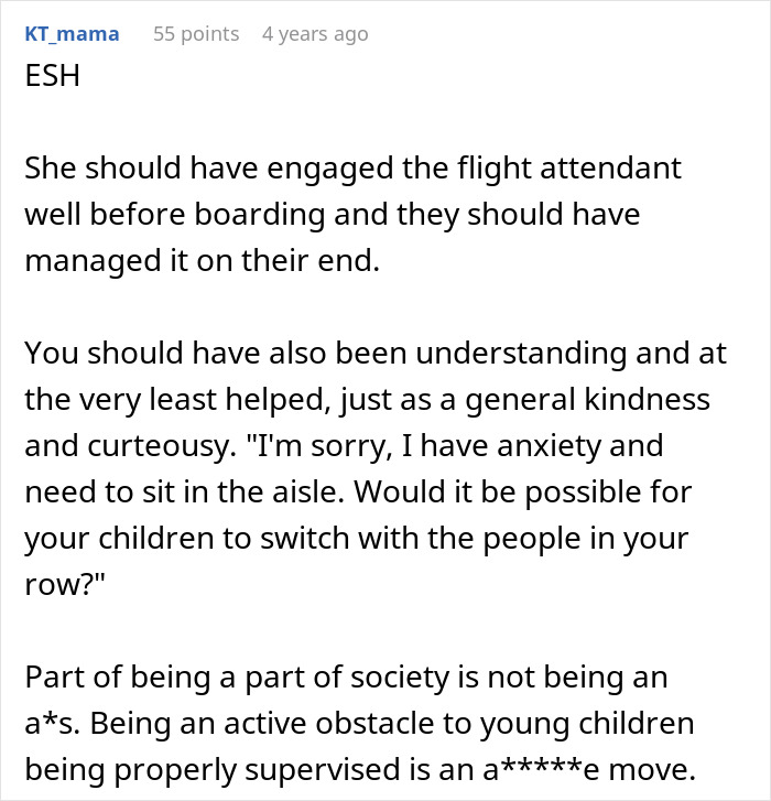 Comment discussing not switching airplane seats with a mother and ignoring her children, highlighting flight anxiety and courtesy. Comment discussing not switching airplane seats with a mother and ignoring her children, highlighting flight anxiety and courtesy.