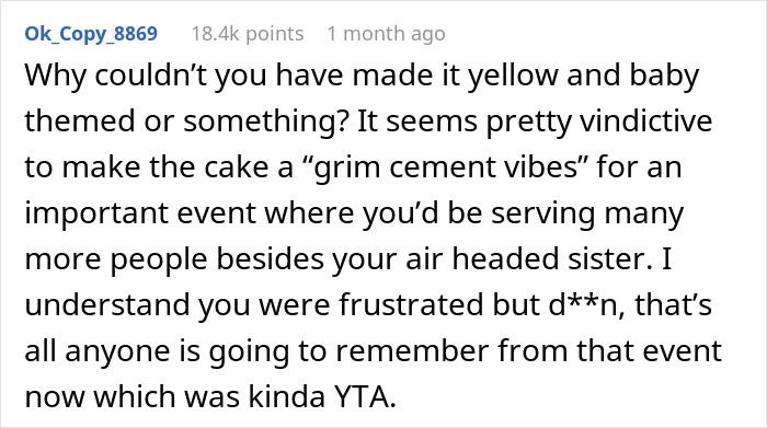 Comment discussing a gray cake criticized for poor theme at a gender reveal party, blaming the pregnant sister for the choice. Comment discussing a gray cake criticized for poor theme at a gender reveal party, blaming the pregnant sister for the choice.