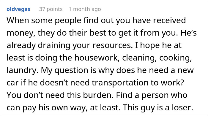 ALT text: Comment discussing a jobless guy expecting his provider girlfriend to share her $20K win and refusing to buy him a car. ALT text: Comment discussing a jobless guy expecting his provider girlfriend to share her $20K win and refusing to buy him a car.