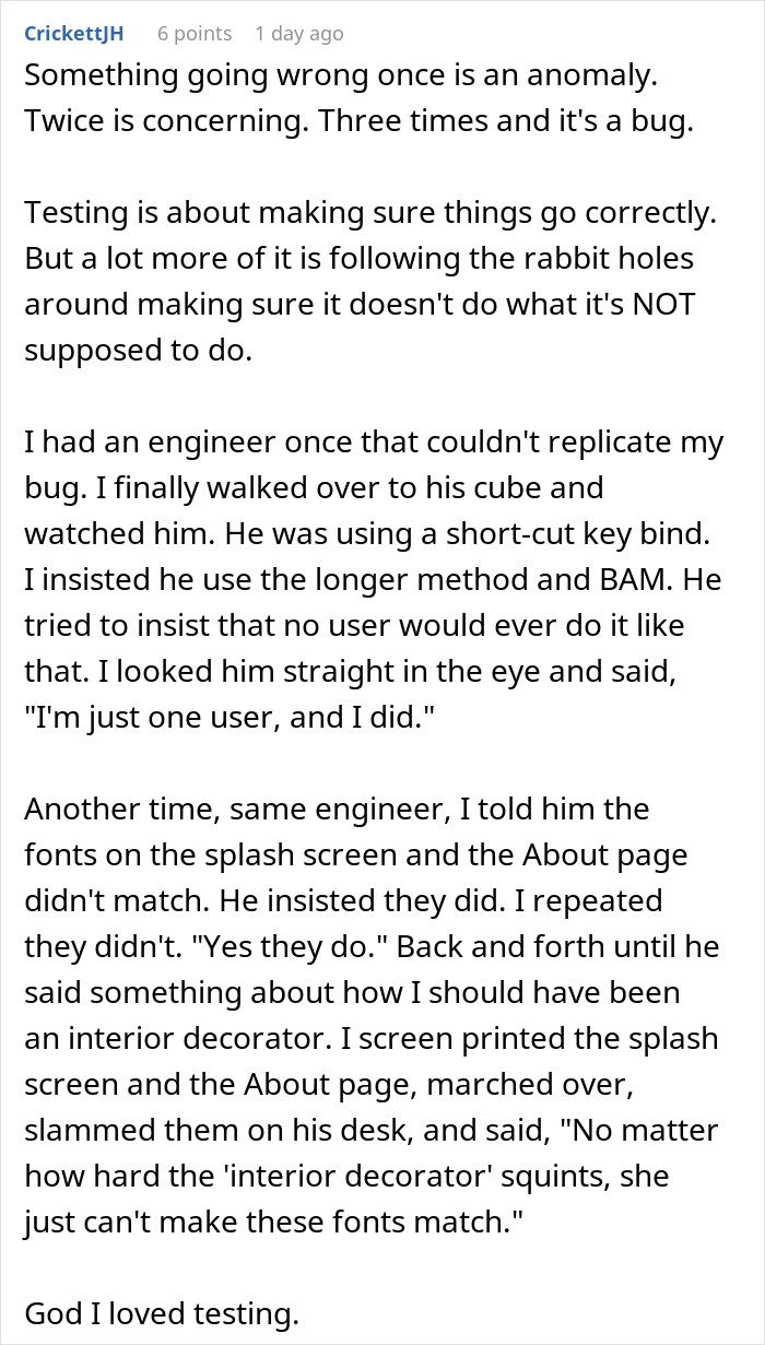 Comment discussing exploratory testing challenges and a developer reporting bugs in software and game development.