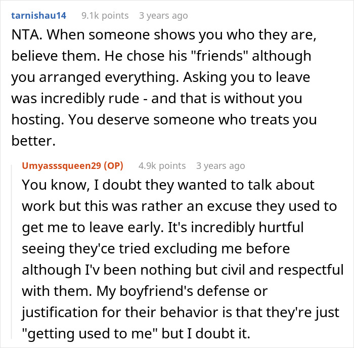 Text conversation showing a woman refusing to leave party she planned after boyfriend and friends demand privacy. Text conversation showing a woman refusing to leave party she planned after boyfriend and friends demand privacy.